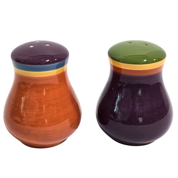 DANSK Caribe Aruba Salt & Pepper Shakers handpainted  3 1/4" Colorful Stripes - Picture 1 of 5